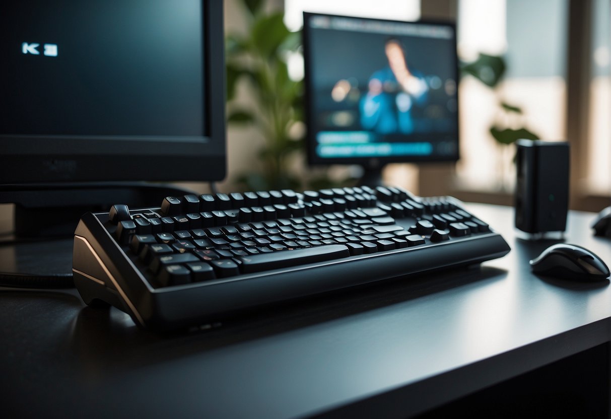 A joystick and keyboard sit on a desk next to a computer monitor displaying a game. A game controller and headset are also on the desk