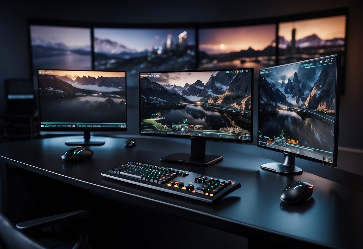 A sleek gaming console connects to various devices, while a VR headset and motion capture system enhance the gaming experience. Multiple screens display different games and streaming platforms