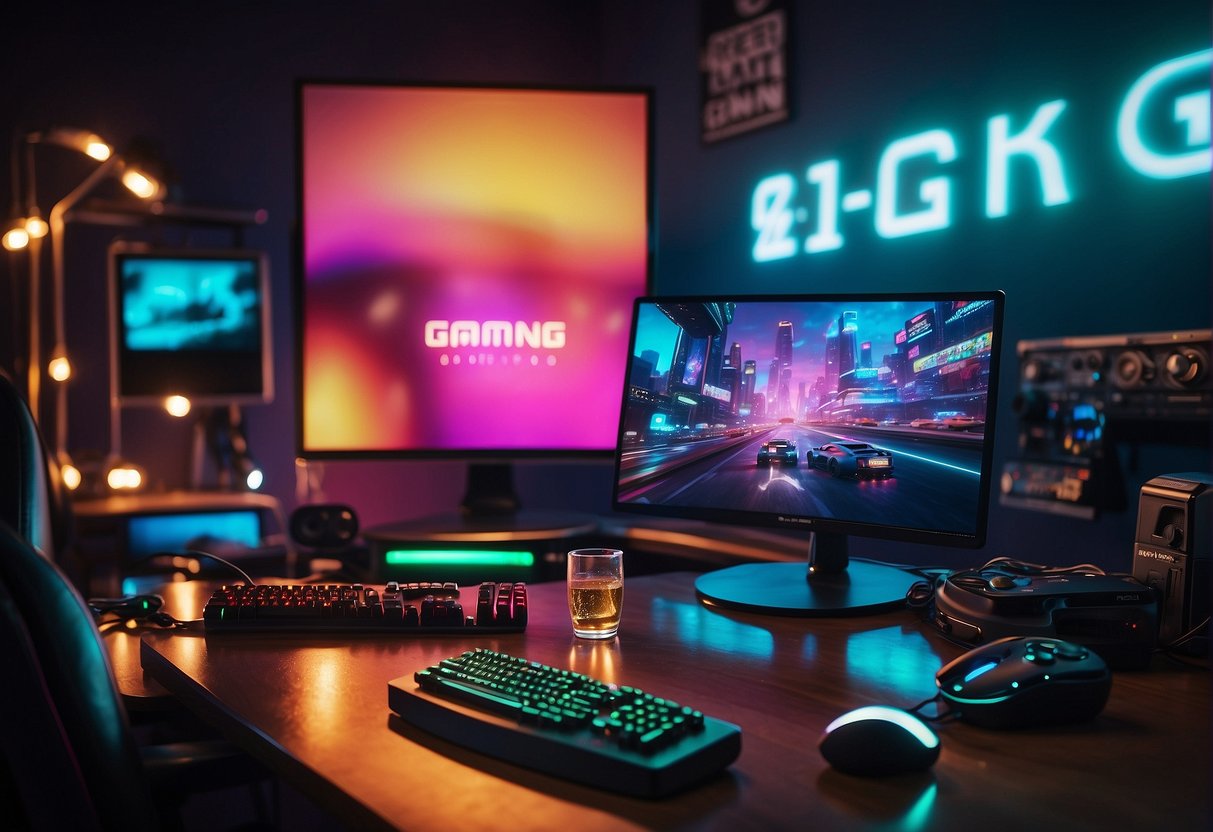 A colorful gaming setup with a computer, controller, and headset on a desk, surrounded by gaming posters and a neon sign