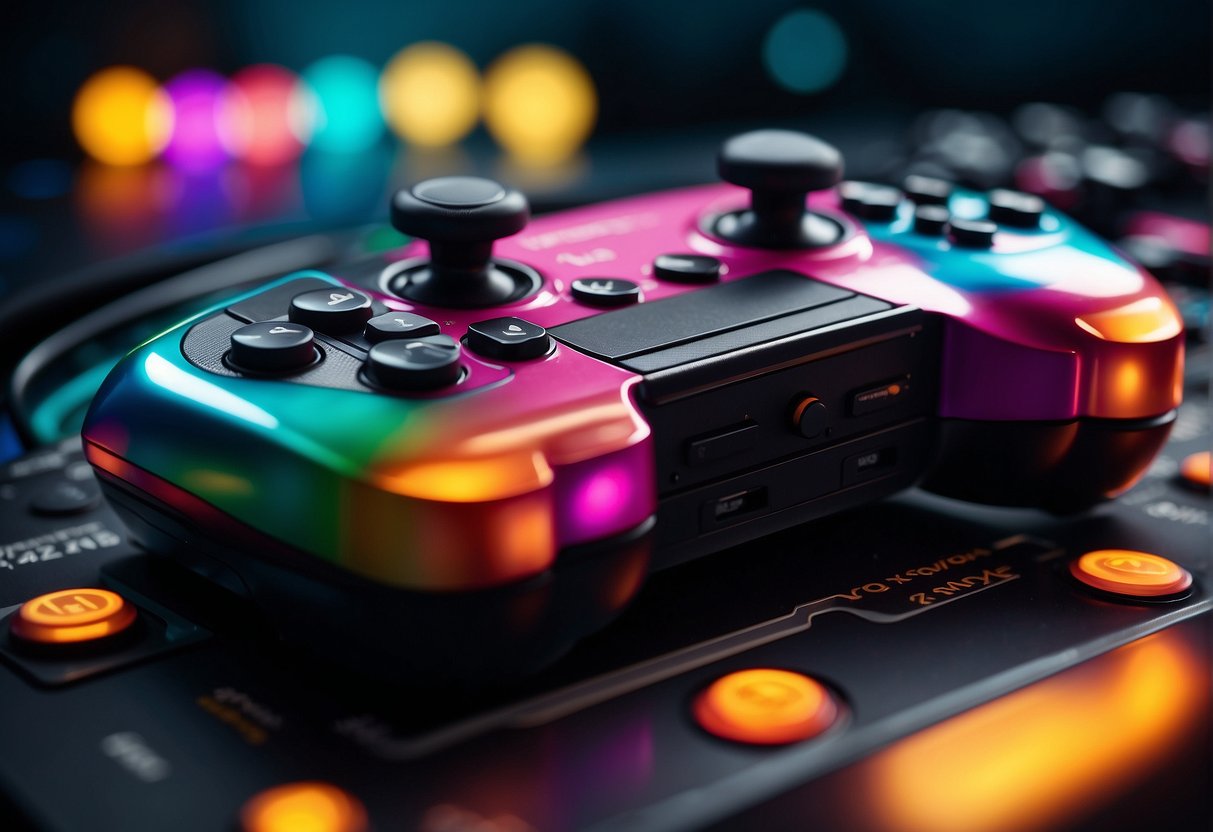 A colorful gaming console with buttons and joysticks, surrounded by vibrant sound waves and digital effects