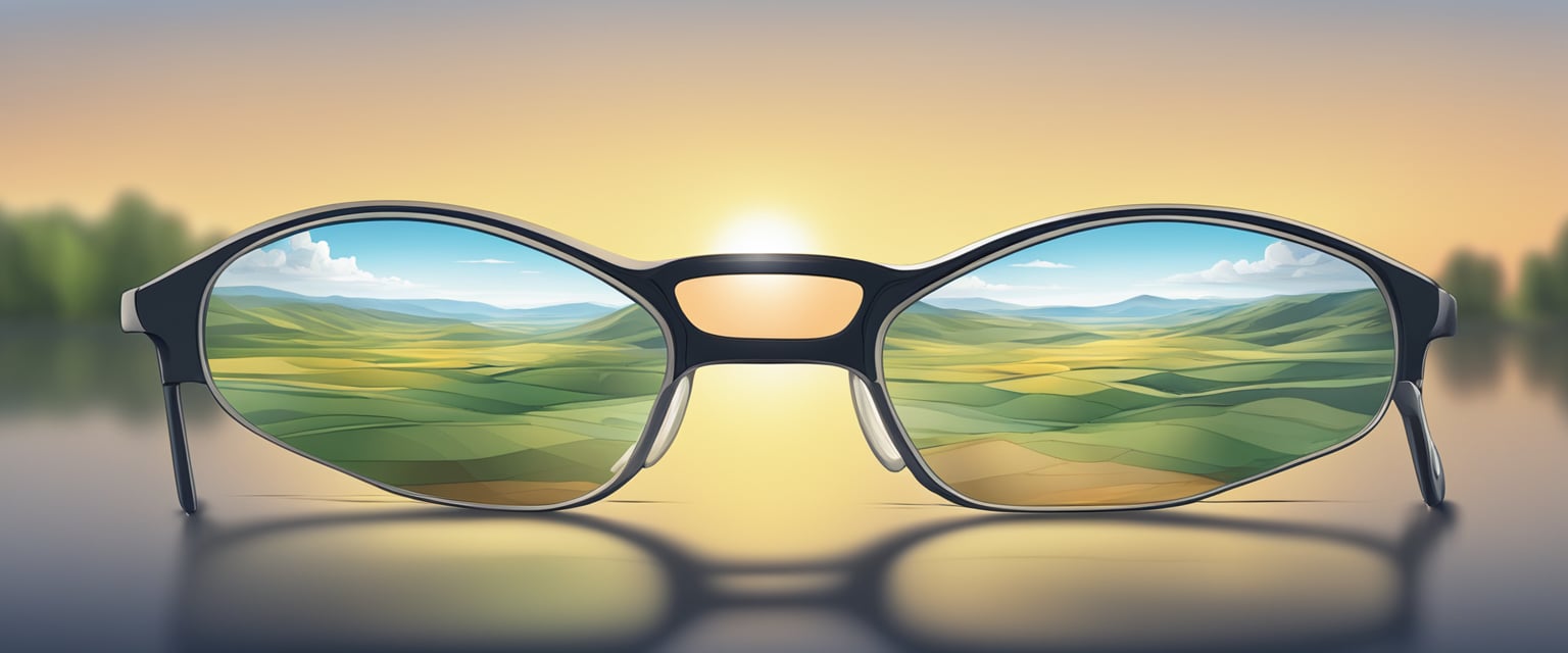A pair of glasses with one lens cracked, reflecting a distorted view of a clear landscape