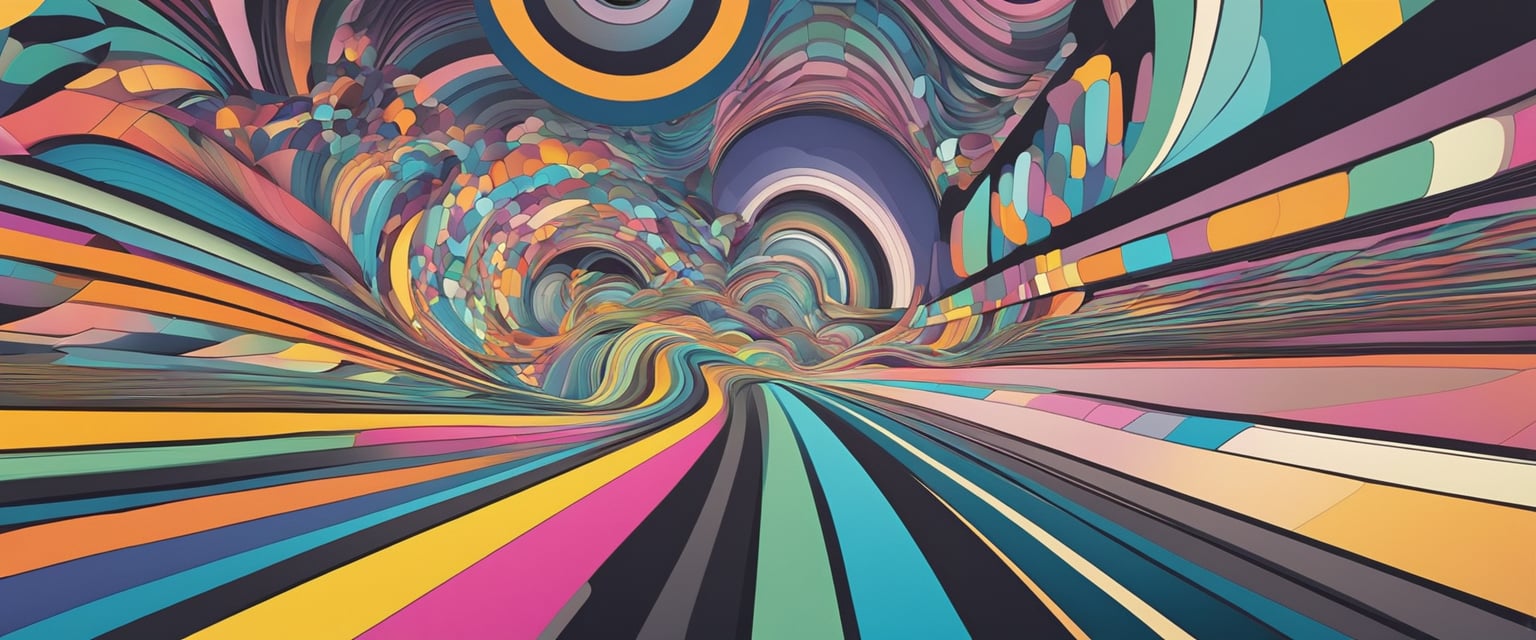 Vibrant colors blend with muted tones, creating an optical illusion of depth and movement. Lines and shapes appear to shift and morph, challenging the viewer's perception of reality