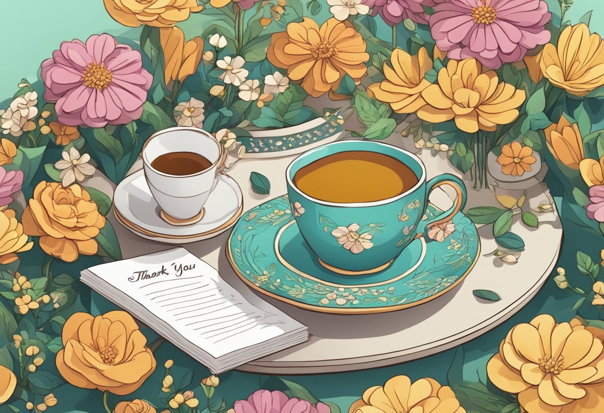 A table with a handwritten "thank you" note surrounded by flowers and a warm cup of tea