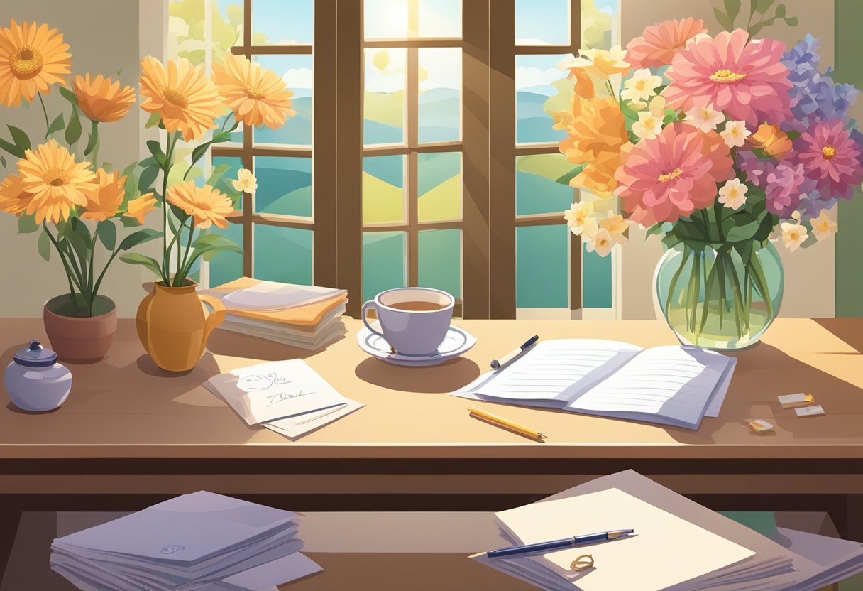 A table with a pen and paper, surrounded by flowers and a thank you card. Sunlight shines through a window, casting a warm glow on the scene