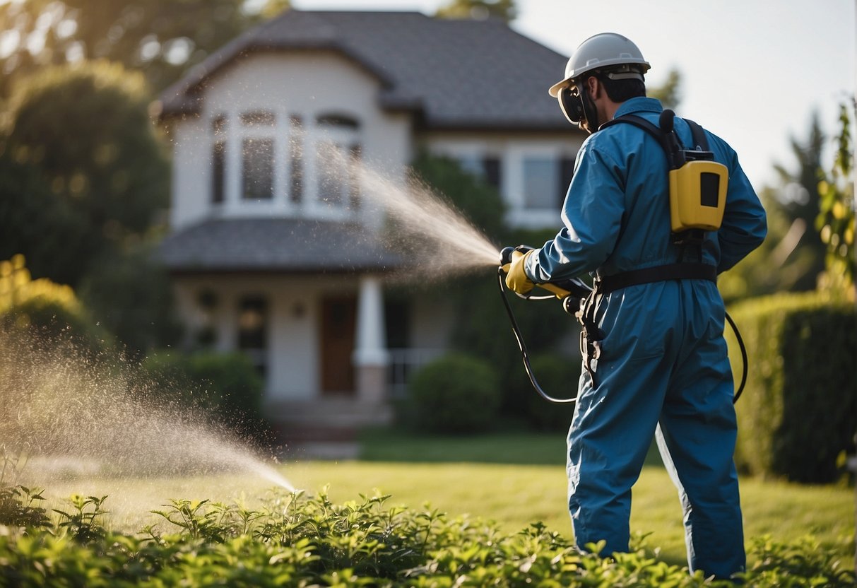 A technician spraying pesticide around a house, with pests fleeing the area