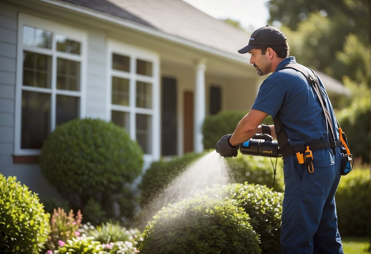 A technician sprays pesticide around a clean, well-lit home, with a sign reading "Best Pest Control Services" prominently displayed