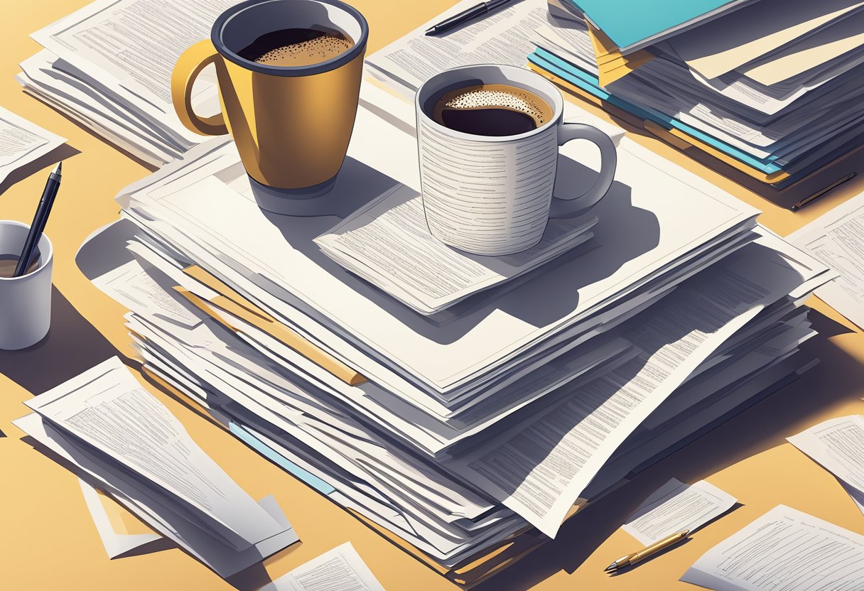 A stack of papers with quotes printed on them, scattered on a desk with a pen and a cup of coffee. Sunlight streams through a nearby window, casting shadows on the papers