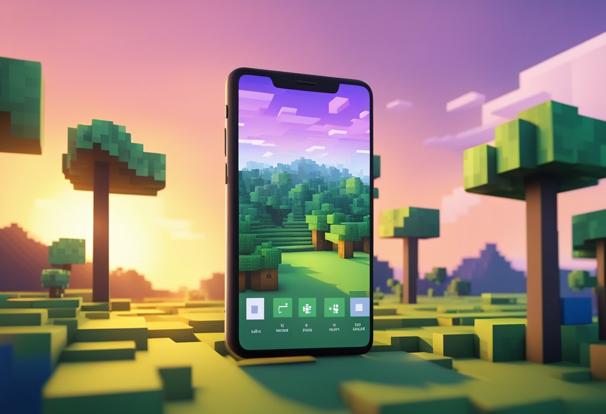 Apk minecraft android a smartphone screen displays the Minecraft app icon with a "Download APK" button highlighted. The background features a pixelated landscape with blocky trees and a sunset sky