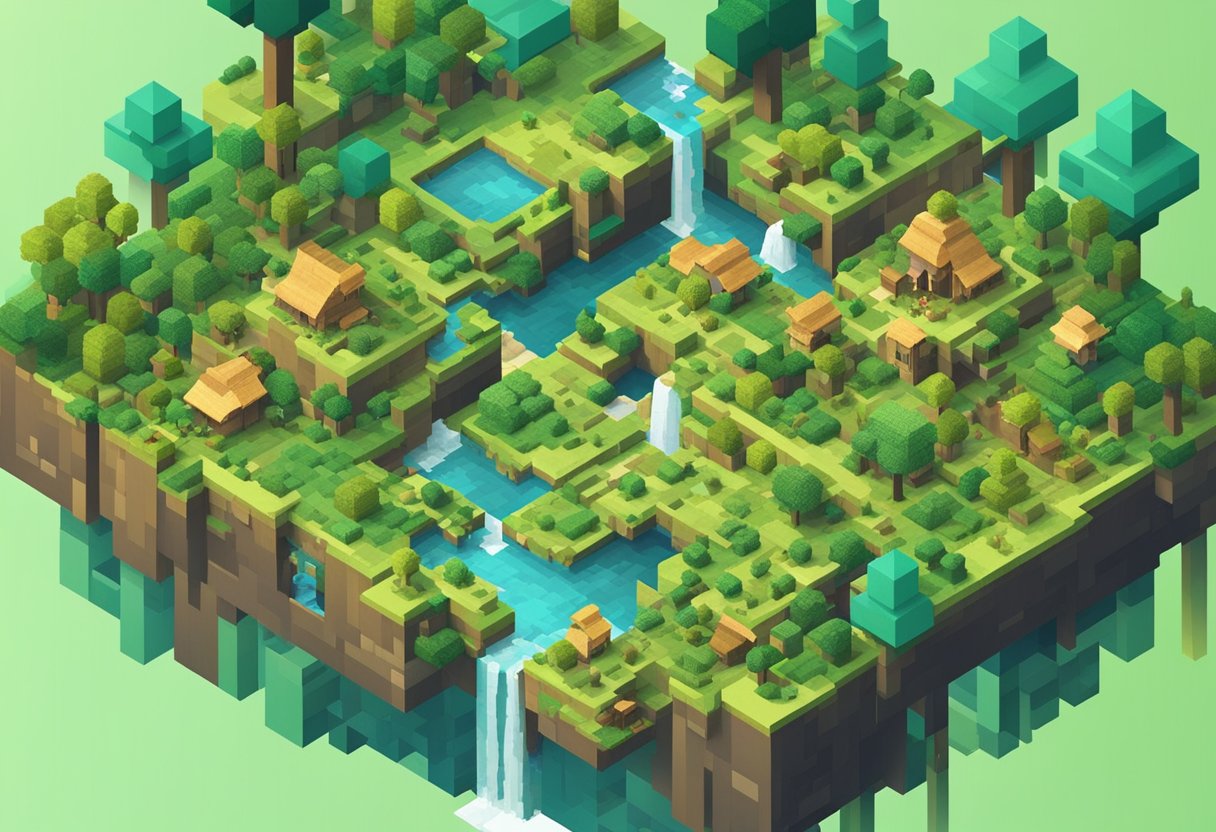 A blocky world with pixelated terrain and structures, featuring various materials and tools, surrounded by lush greenery and populated by animals