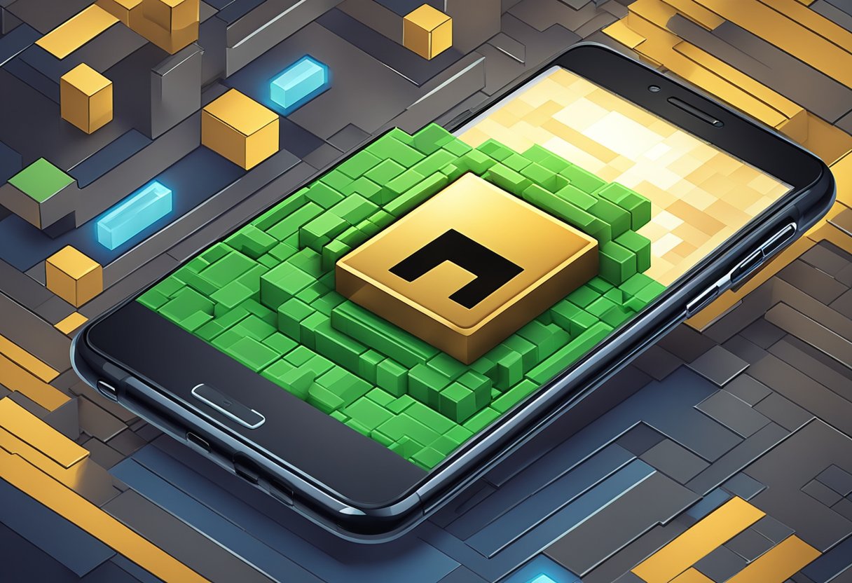 A shielded lock icon hovers protectively over a smartphone displaying the Minecraft logo, surrounded by a digital forcefield, symbolizing safety and security