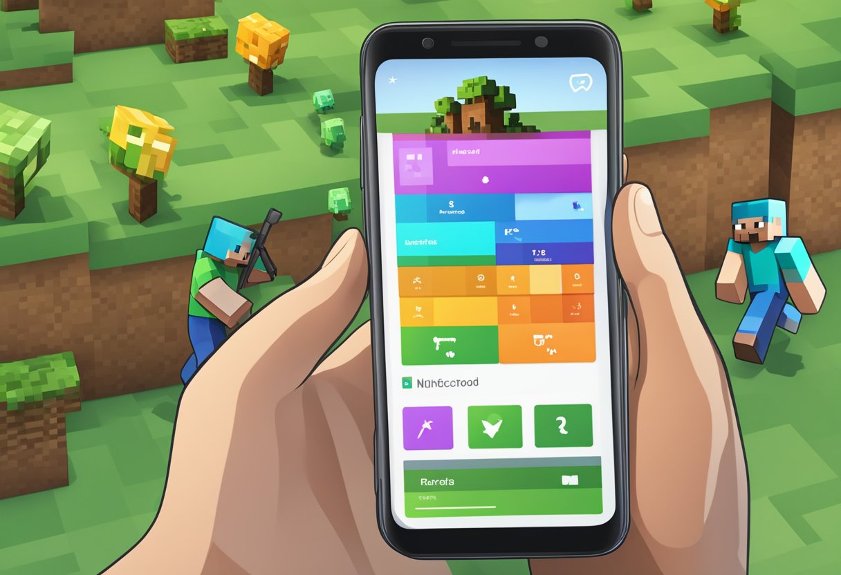 A smartphone screen displays a 5-star rating for the Minecraft Android app, surrounded by positive user reviews. The app's download button is highlighted, indicating the latest version available for download