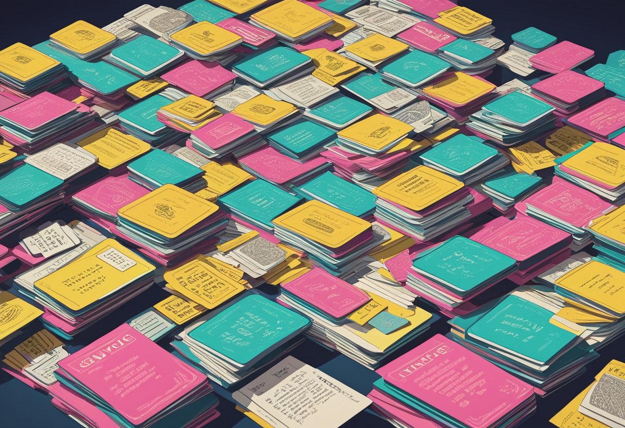 A pile of vintage quote cards scattered on a retro table, with a neon sign in the background