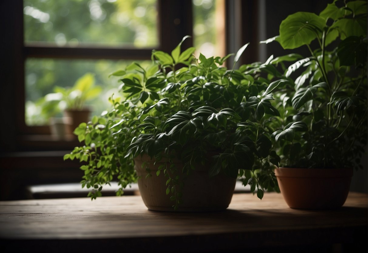 Lush green plants fill a dimly lit room, casting soft shadows. A variety of foliage, from trailing vines to broad leaves, thrives in the low light