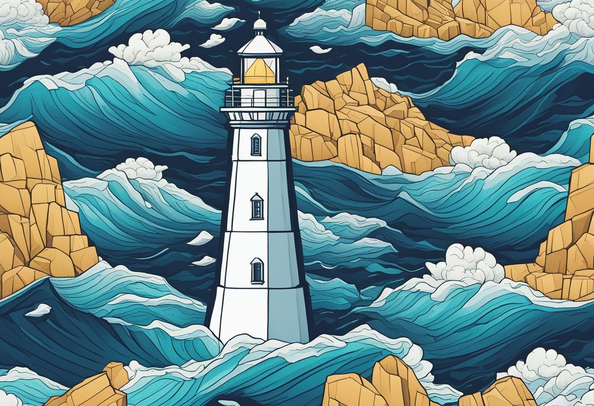A glowing lighthouse stands tall, symbolizing value and integrity. Waves crash against rocks, while a quote about life values is written in the sky