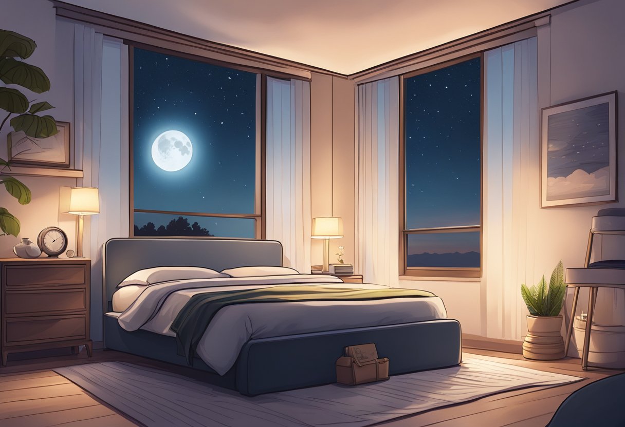 A couple's bedroom with soft lighting, a cozy bed, and a nightstand with a love note. A moonlit sky outside the window adds a romantic touch