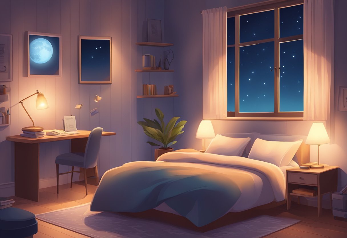 A cozy bedroom with a moonlit sky outside, a bedside table with a love note, and a soft glow from a night light