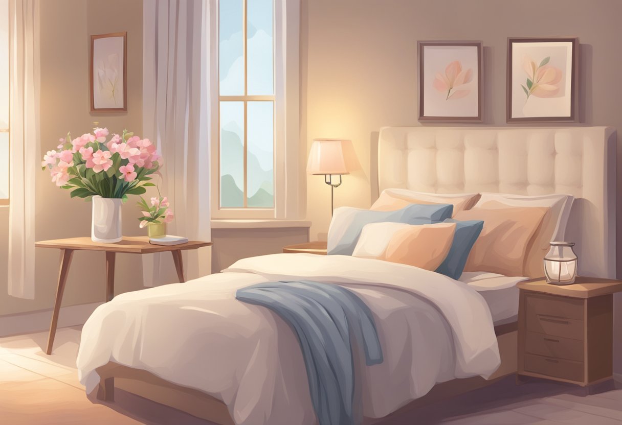 A cozy bedroom with soft, warm lighting. A bedside table with a handwritten love note and a vase of fresh flowers. A peaceful and intimate atmosphere