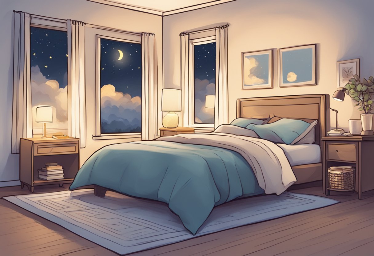 A moonlit sky with twinkling stars, a cozy bed with two pillows side by side, and a handwritten note with the words "I miss you" illuminated by a soft bedside lamp