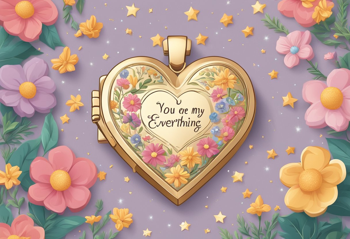 A heart-shaped locket with the words "You are my everything" inscribed on it, surrounded by delicate flowers and twinkling stars