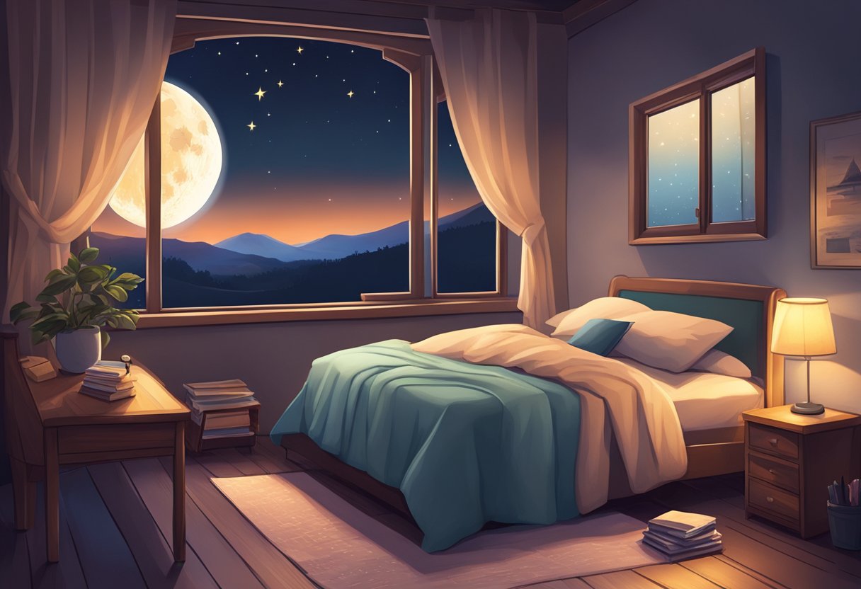 A dimly lit bedroom with a cozy bed, a nightstand holding a love letter, and a window with a view of the moon and stars