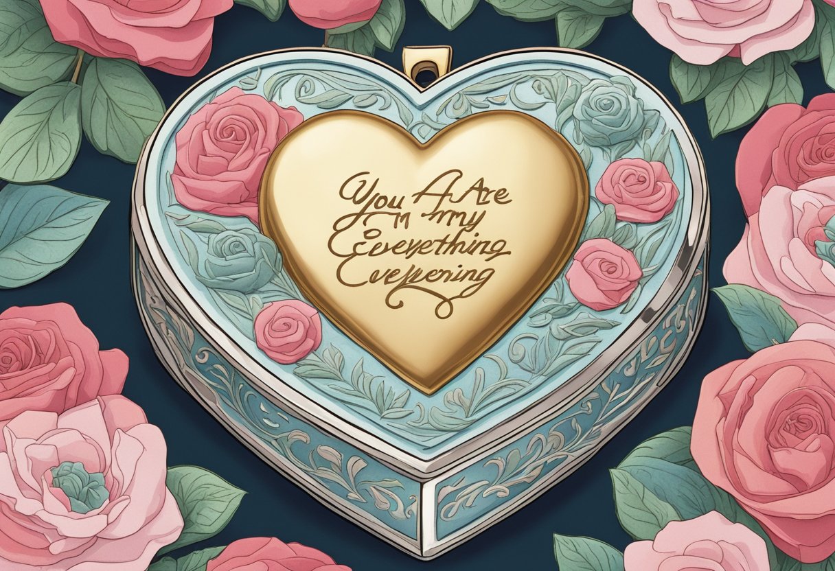 A heart-shaped locket nestled in a bed of roses, with the quote "you are my everything" engraved on its surface
