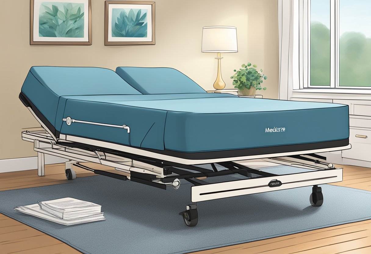 A senior's adjustable bed with a Medicare logo. A stack of paperwork with "Financial Aspects of Adjustable Bed Coverage" written on it