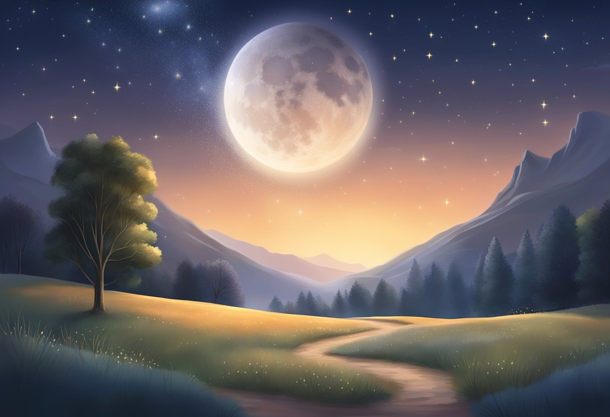 A glowing moon casts a soft light over a peaceful landscape. A trail of twinkling stars decorates the sky, while a message of love and longing glows in the distance