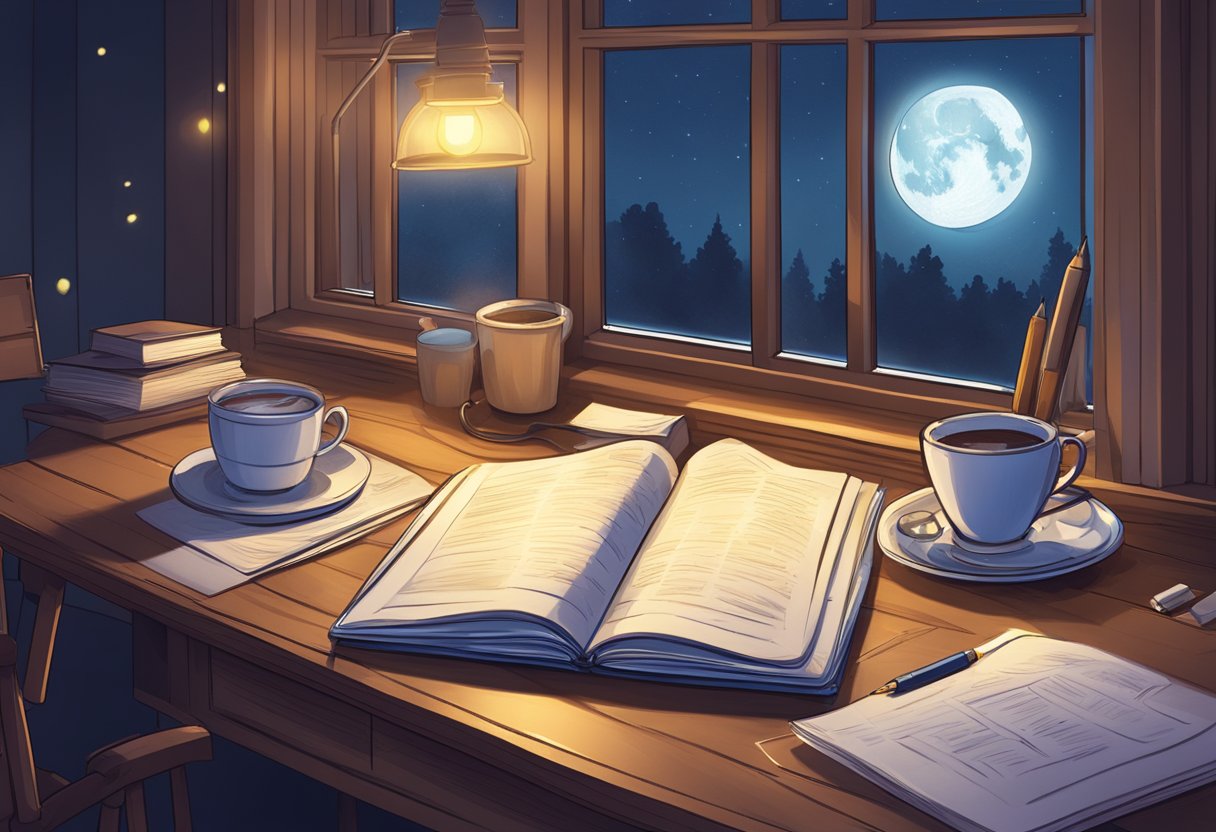 A desk with a glowing laptop, scattered papers, and a pen. A cup of tea sits nearby as the moonlight streams through the window, creating a cozy atmosphere for crafting the perfect romantic good night message