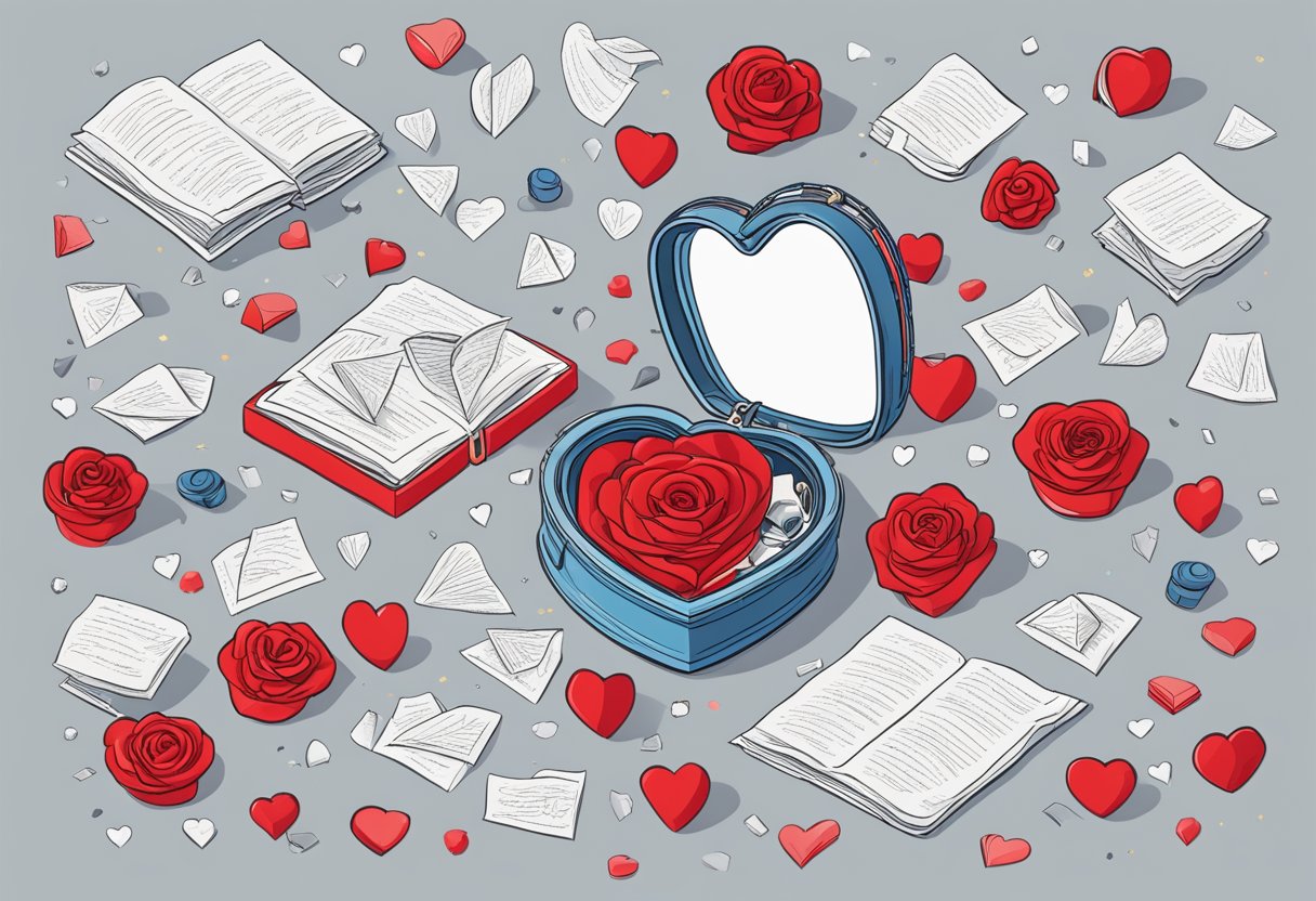 A heart-shaped locket open on a table, surrounded by scattered love letters and a single red rose