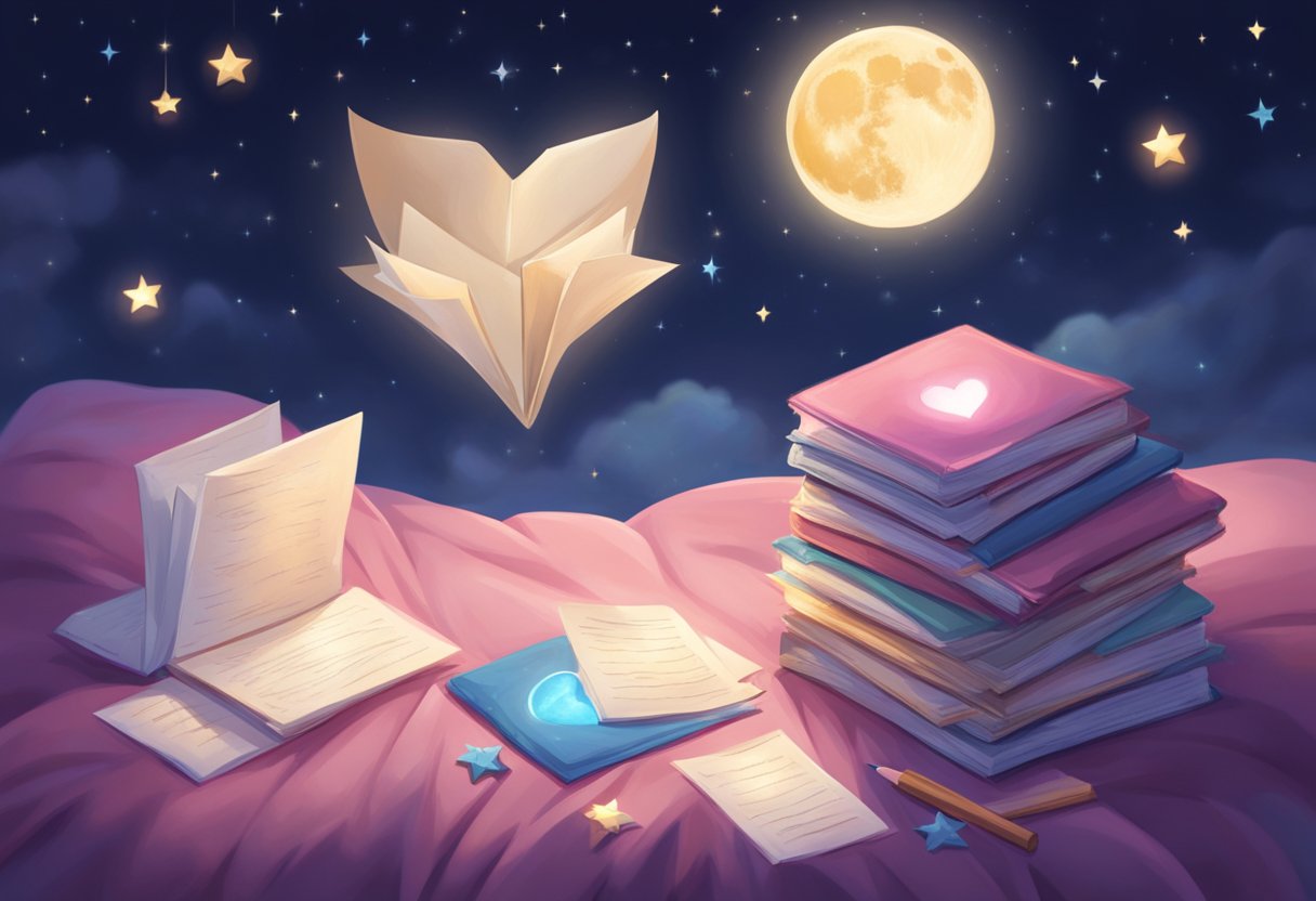 A glowing moon shines over a stack of love letters, surrounded by twinkling stars. A heart-shaped pillow sits nearby, with a soft blanket draped over it