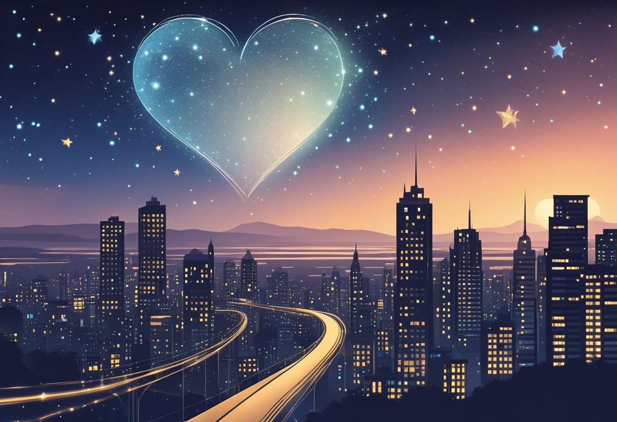 A starry night sky with a glowing moon, a silhouette of a distant city skyline, and a trail of twinkling lights leading to a heart-shaped constellation
