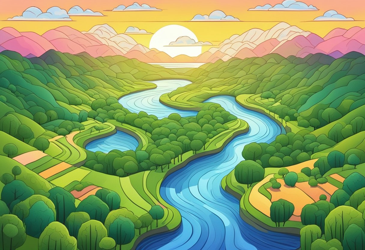 A serene landscape with a winding river, lush greenery, and a colorful sunset in the background