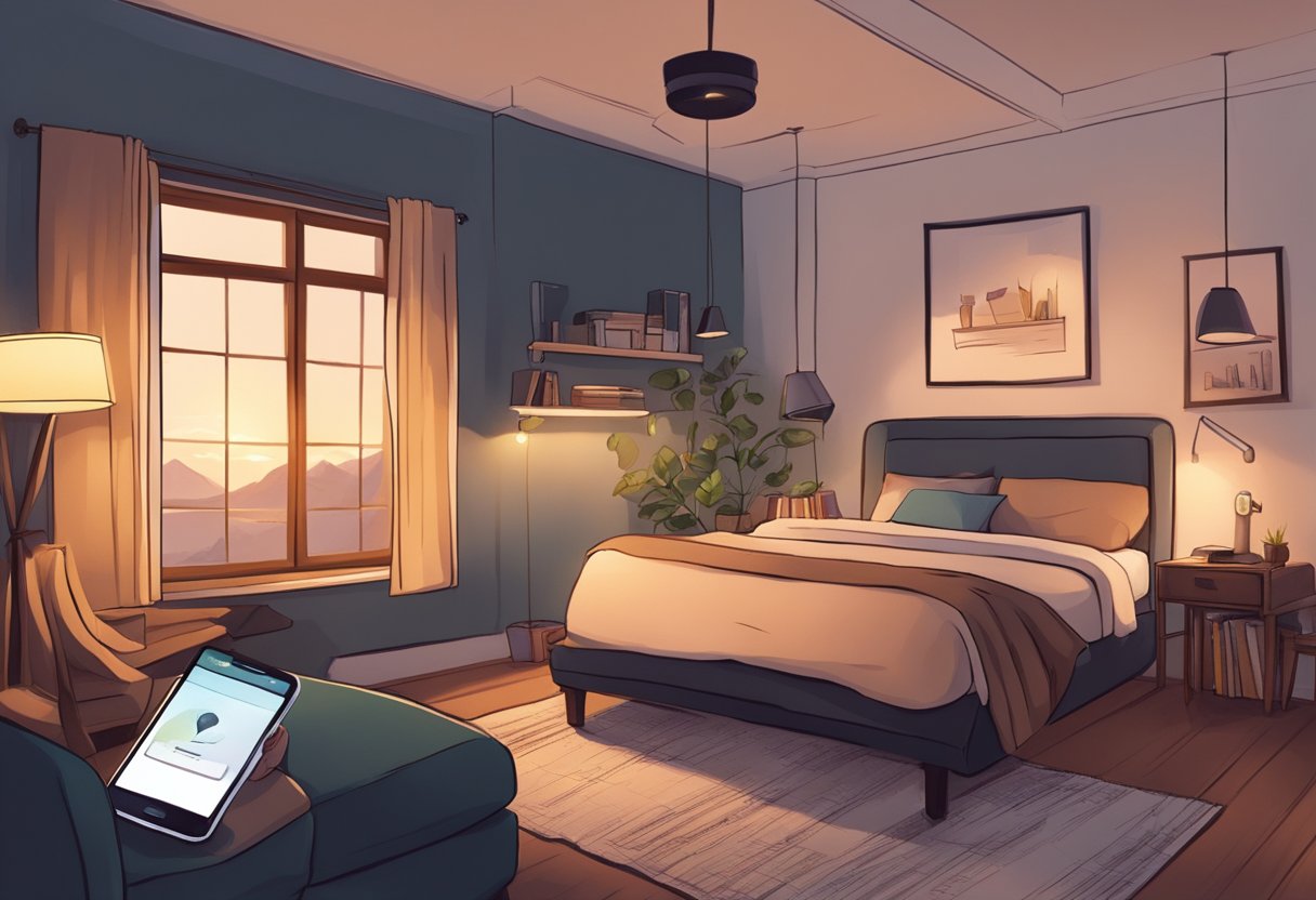 A cozy bedroom with a dimly lit lamp, a handwritten love letter, and a smartphone displaying a long distance couple's video call