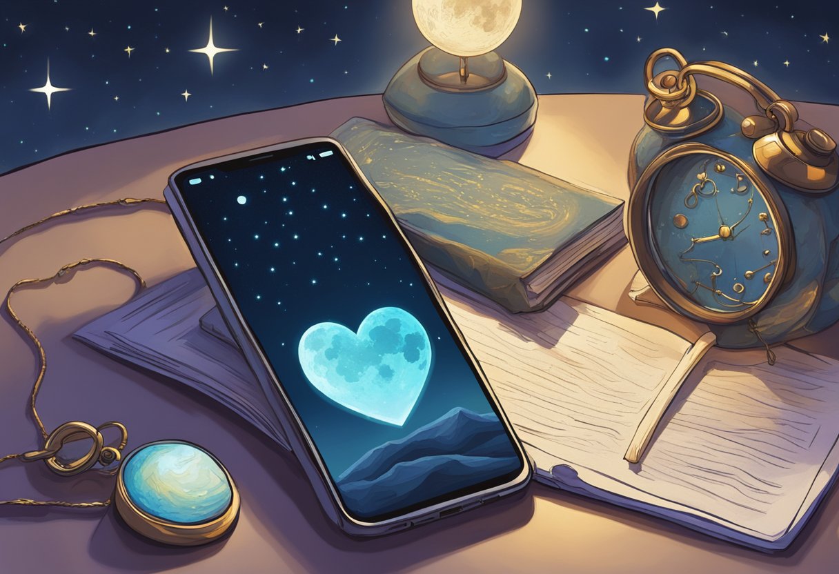 A glowing moon illuminates a starry night sky, with a handwritten letter and a heart-shaped locket resting on a bedside table. A phone displaying a sweet text message sits nearby
