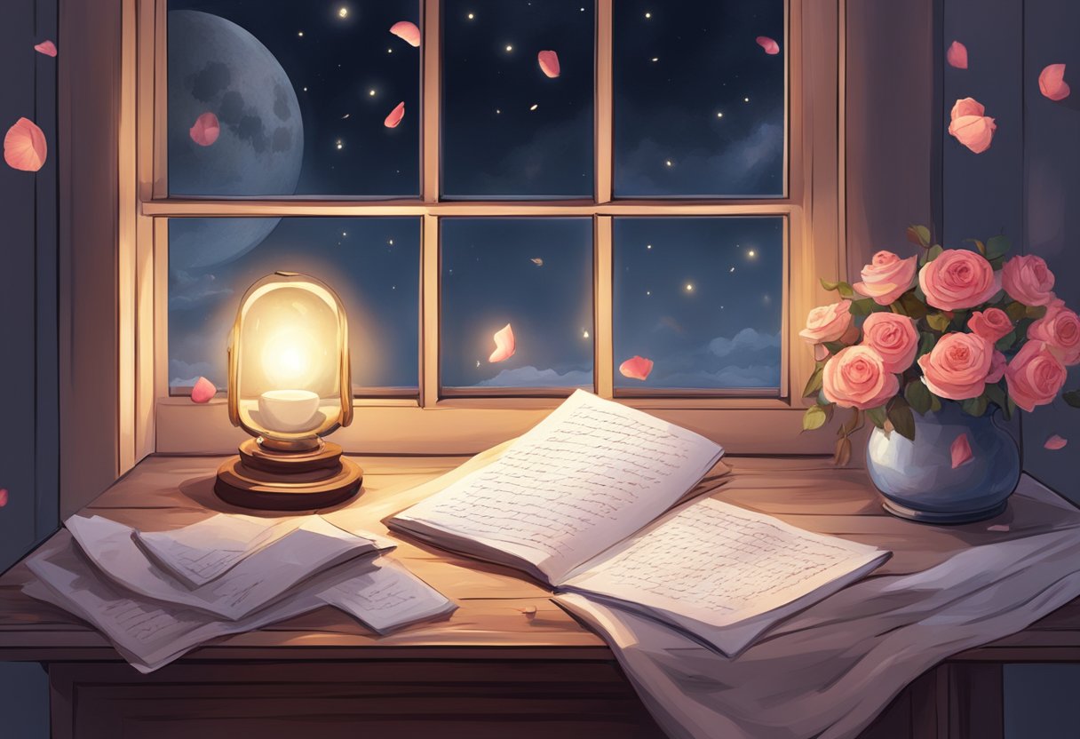 A dimly lit room with a glowing moon outside the window. A handwritten love letter rests on a bedside table, surrounded by scattered rose petals