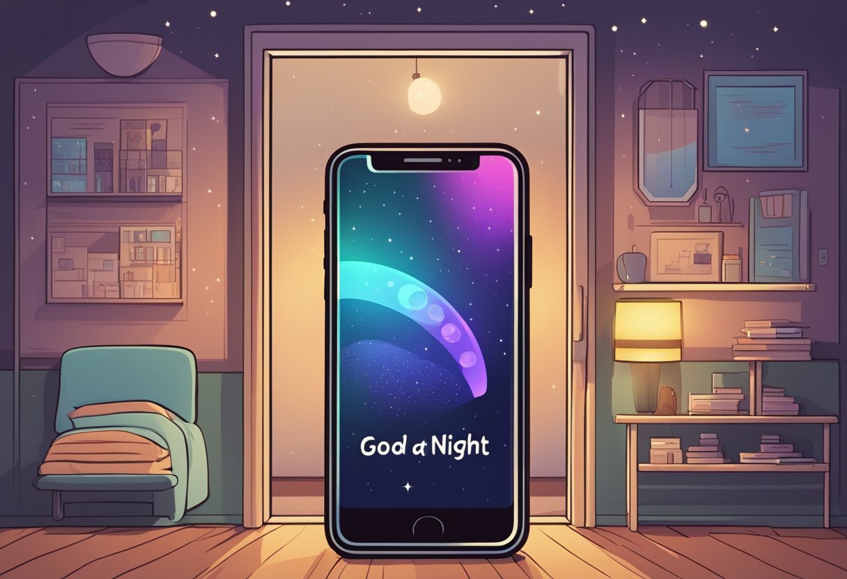 A phone screen illuminates a dark room, displaying a series of "Good Night" texts between two distant lovers