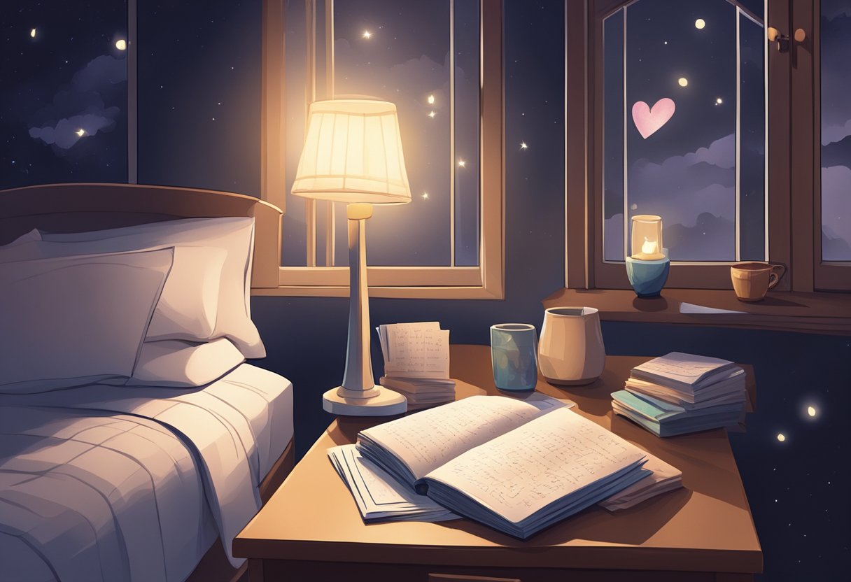 A dimly lit bedroom with a nightstand holding a stack of love notes. Moonlight streams through the window, casting a soft glow on the messages