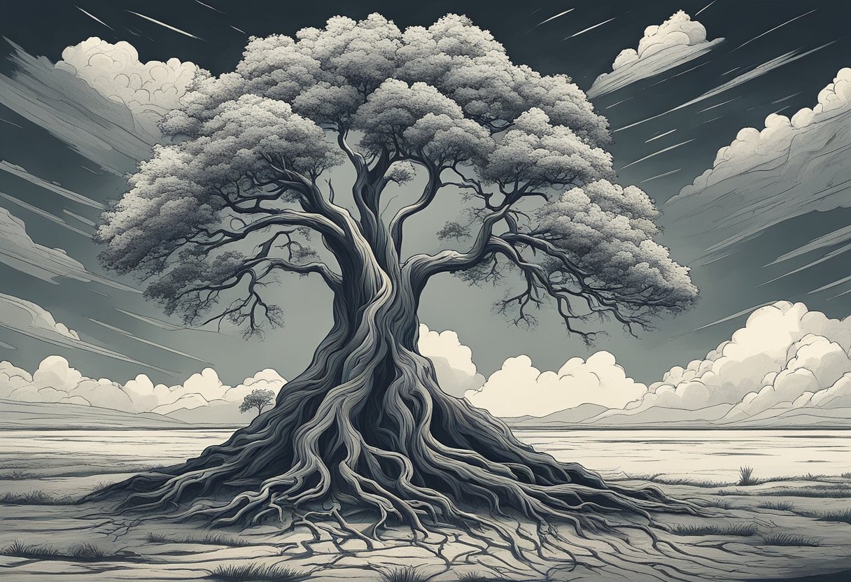 A lone tree stands tall amidst a storm, its roots firmly grounded as it withstands the powerful winds and rain. The surrounding landscape is desolate, yet the tree remains resilient, a symbol of strength and perseverance in the face of life's challenges