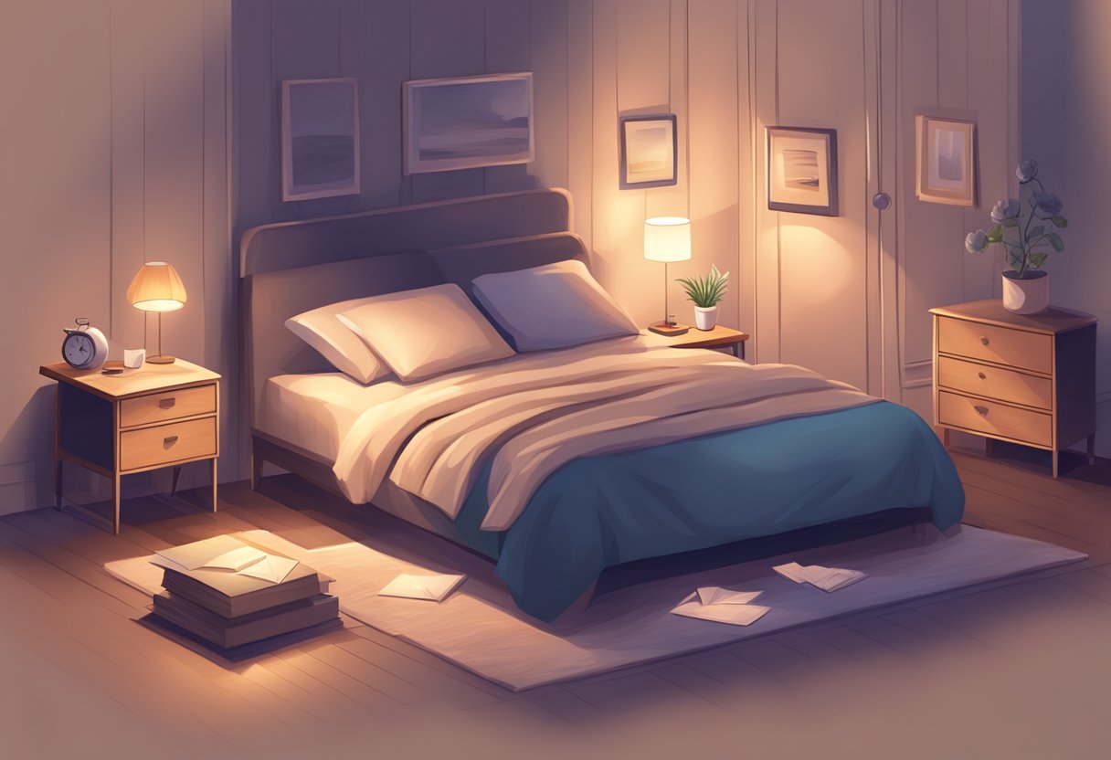 A dimly lit room with a cozy bed, a nightstand with a stack of love letters, and a soft glow from a bedside lamp