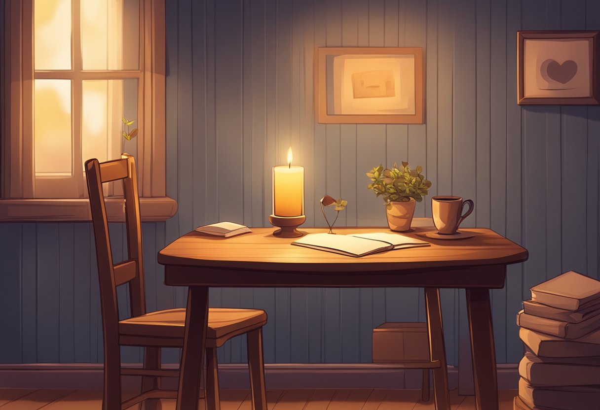 A dimly lit room with a cozy atmosphere, a small table with a flickering candle, and a piece of paper with a heartfelt love message written on it