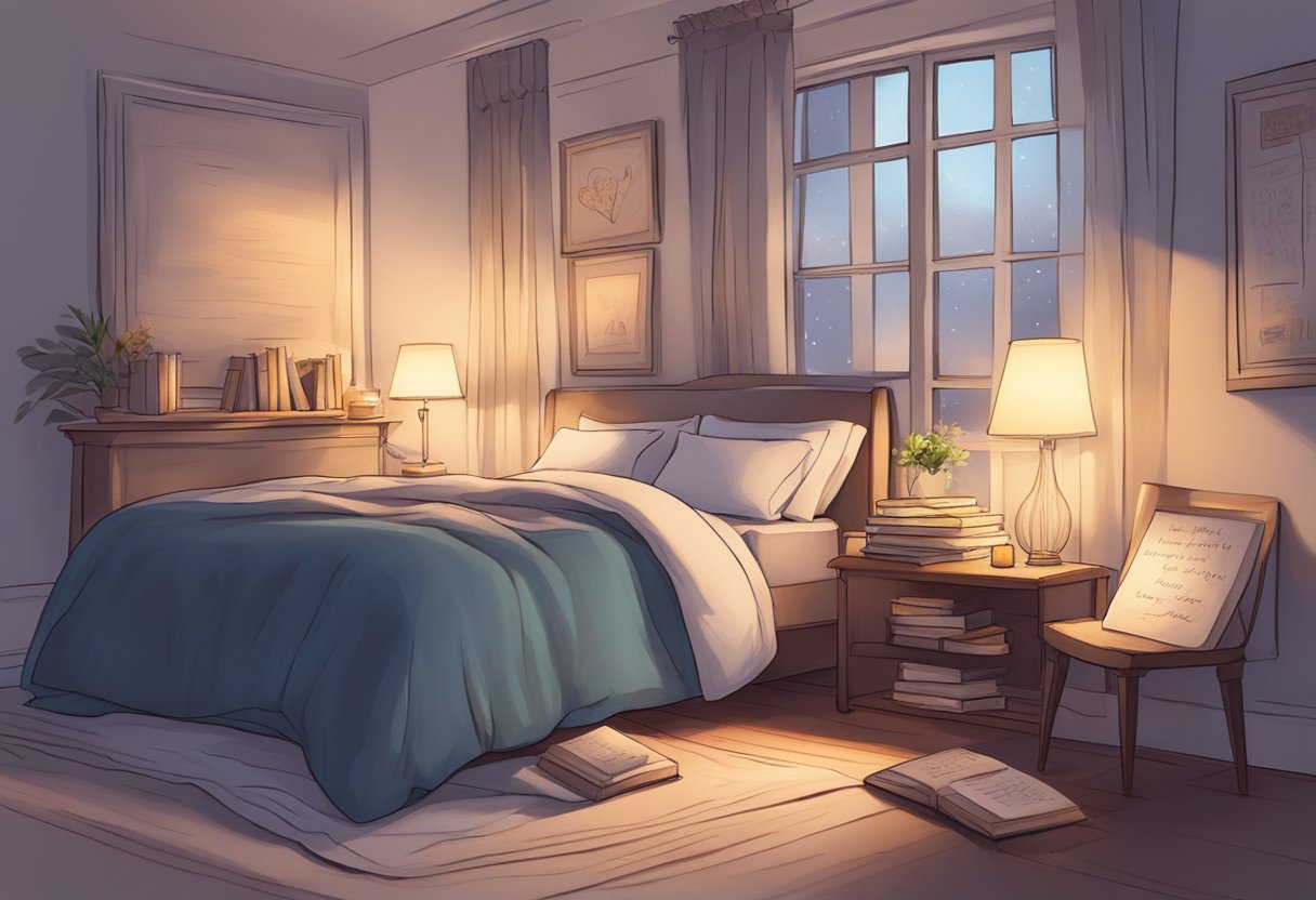 A cozy bedroom with soft candlelight, a book of love poems open on a nightstand, and a handwritten note with a romantic quote left on the pillow