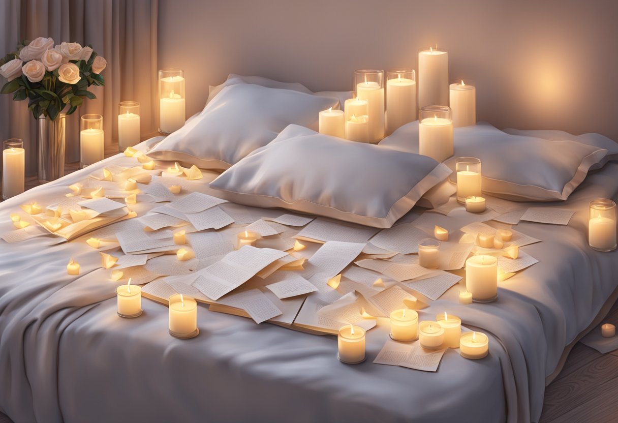 A collection of love messages scattered on a bed, surrounded by soft glowing candles, creating a warm and romantic atmosphere
