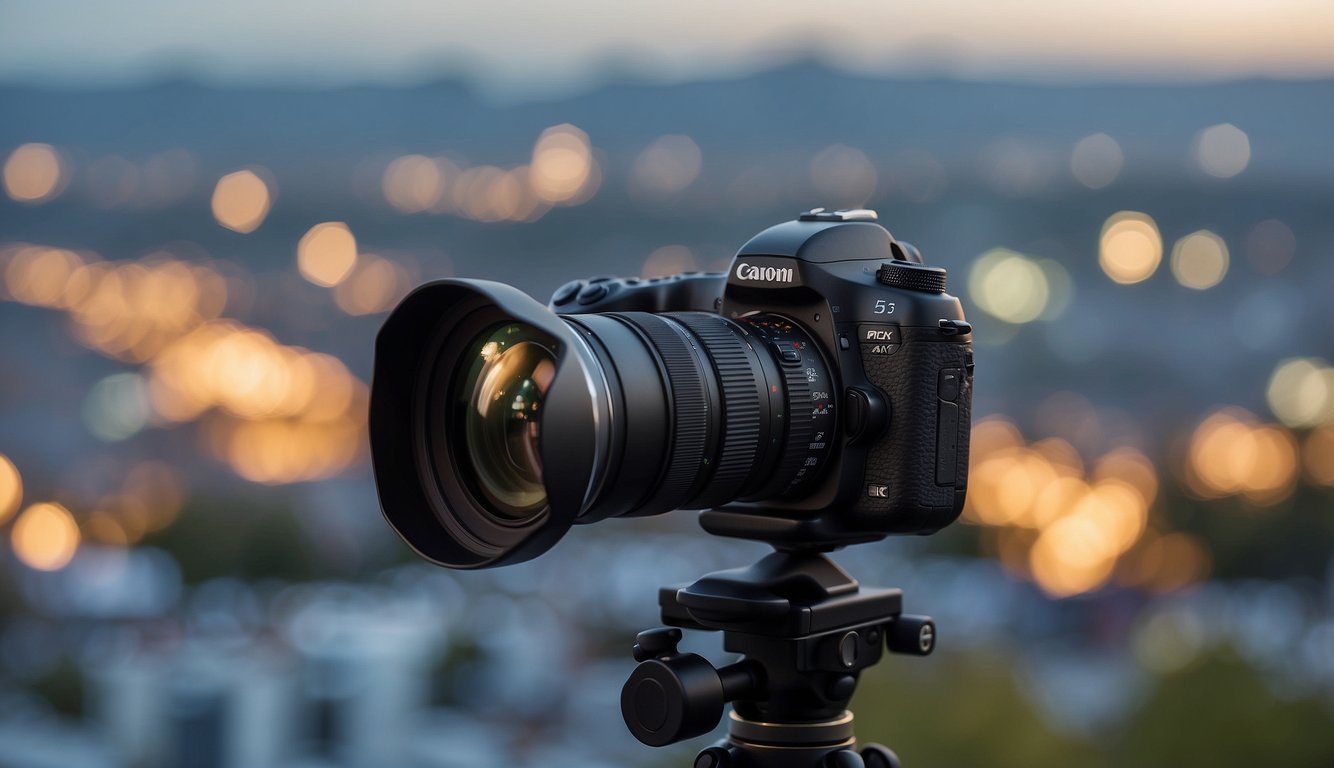 A camera sitting on a tripod, with dials and buttons visible. A landscape or cityscape visible through the lens