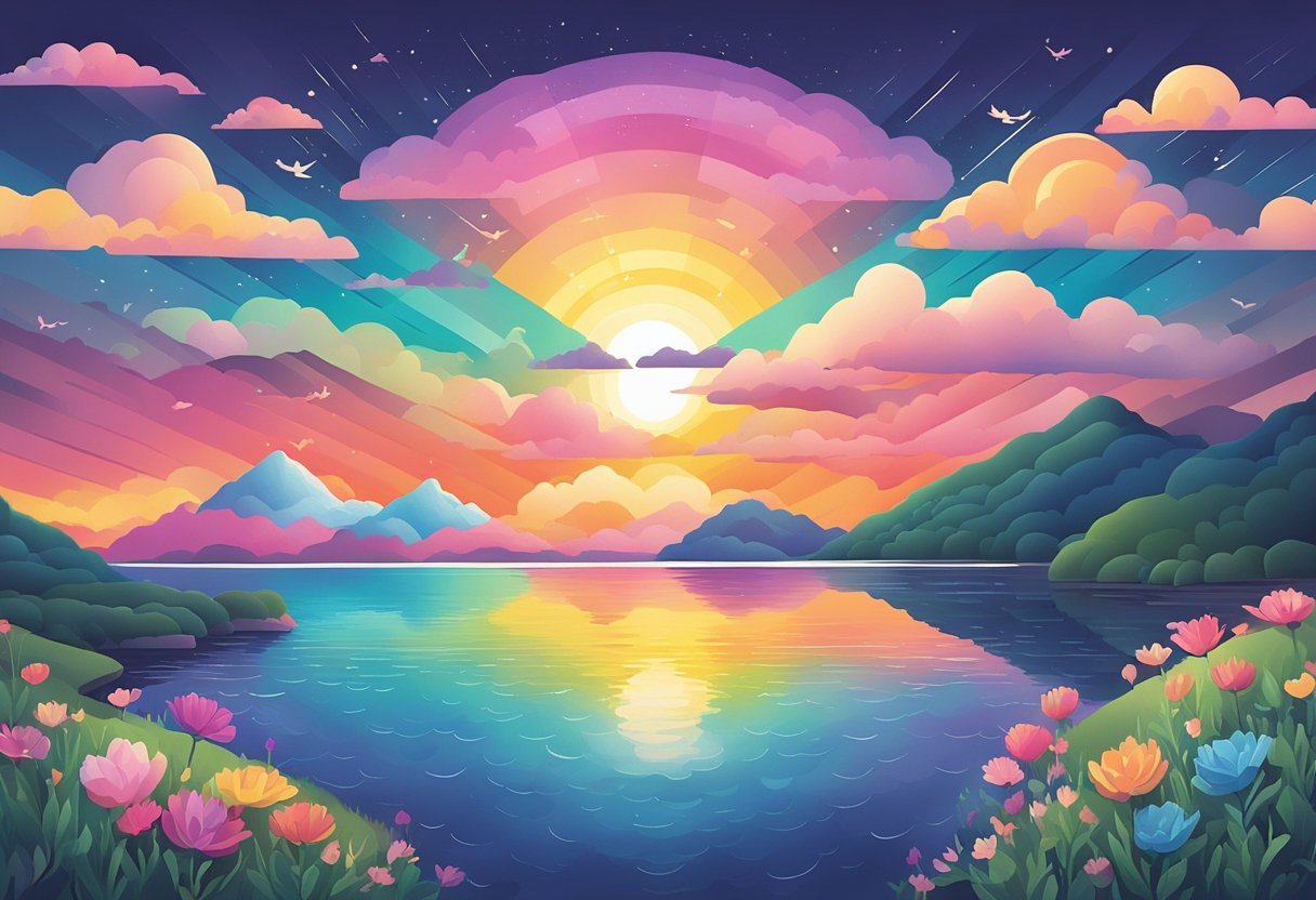 A calm sunset over a serene lake with a vibrant rainbow in the sky, accompanied by the quote "everything will be ok" in elegant script
