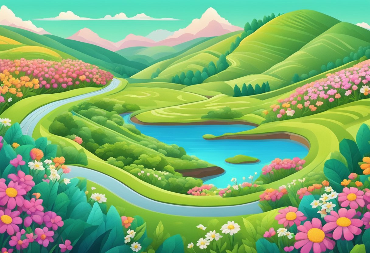 A serene landscape with a calm, clear sky and gentle rolling hills, surrounded by colorful flowers and vibrant greenery