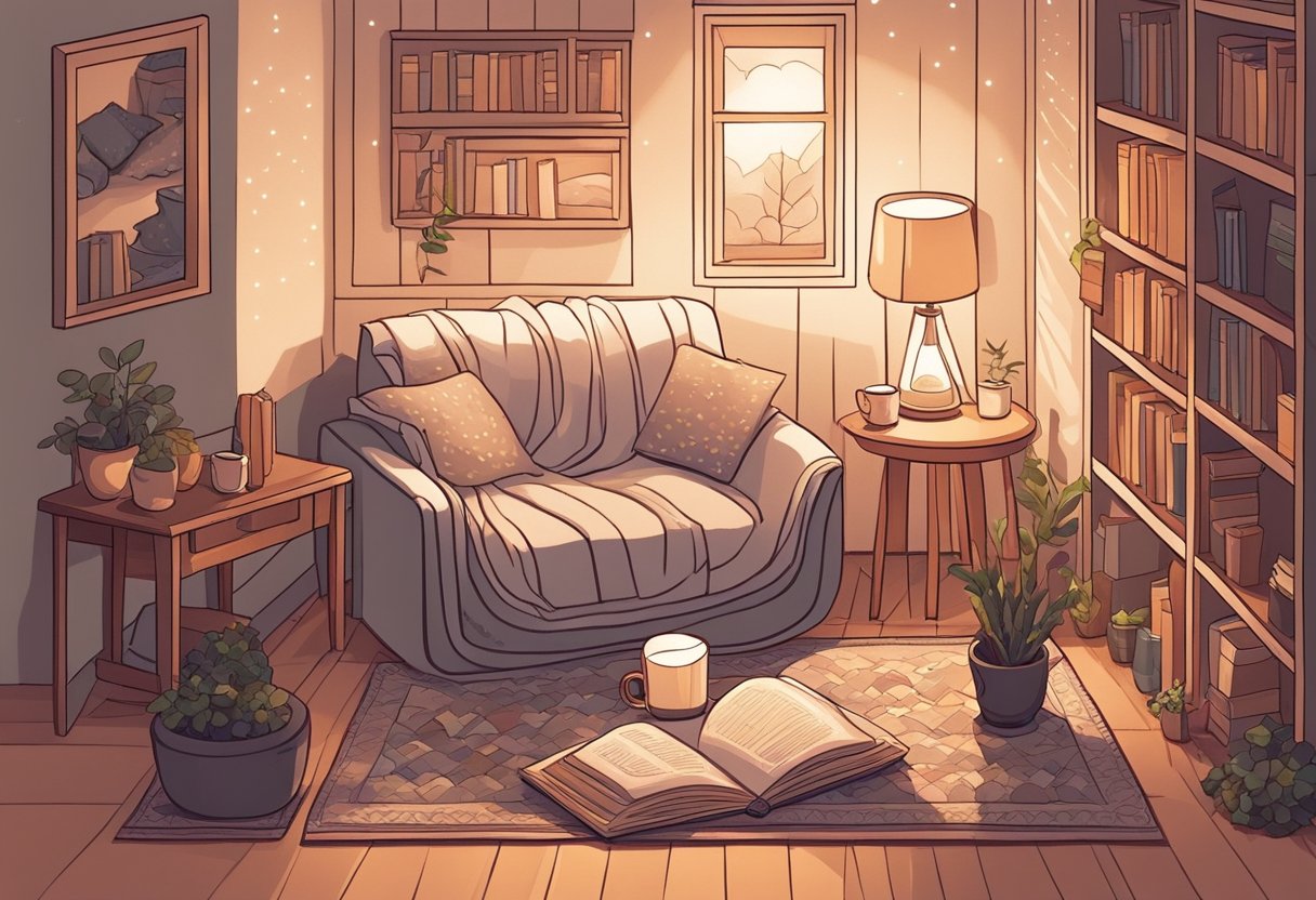 A cozy corner with a warm mug, a book, and a plush blanket. A soft glow from a candle adds to the peaceful atmosphere