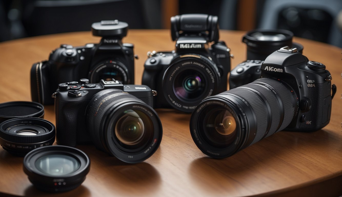 Camera accessories and settings explained, with lenses, tripods, and other equipment laid out on a table