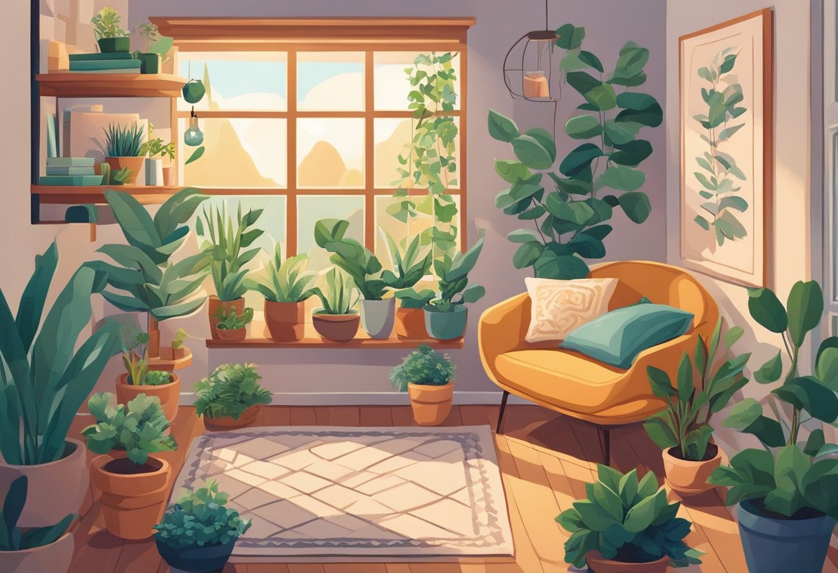 A cozy corner with a warm cup of tea, a journal, and a comfy blanket, surrounded by potted plants and soft lighting