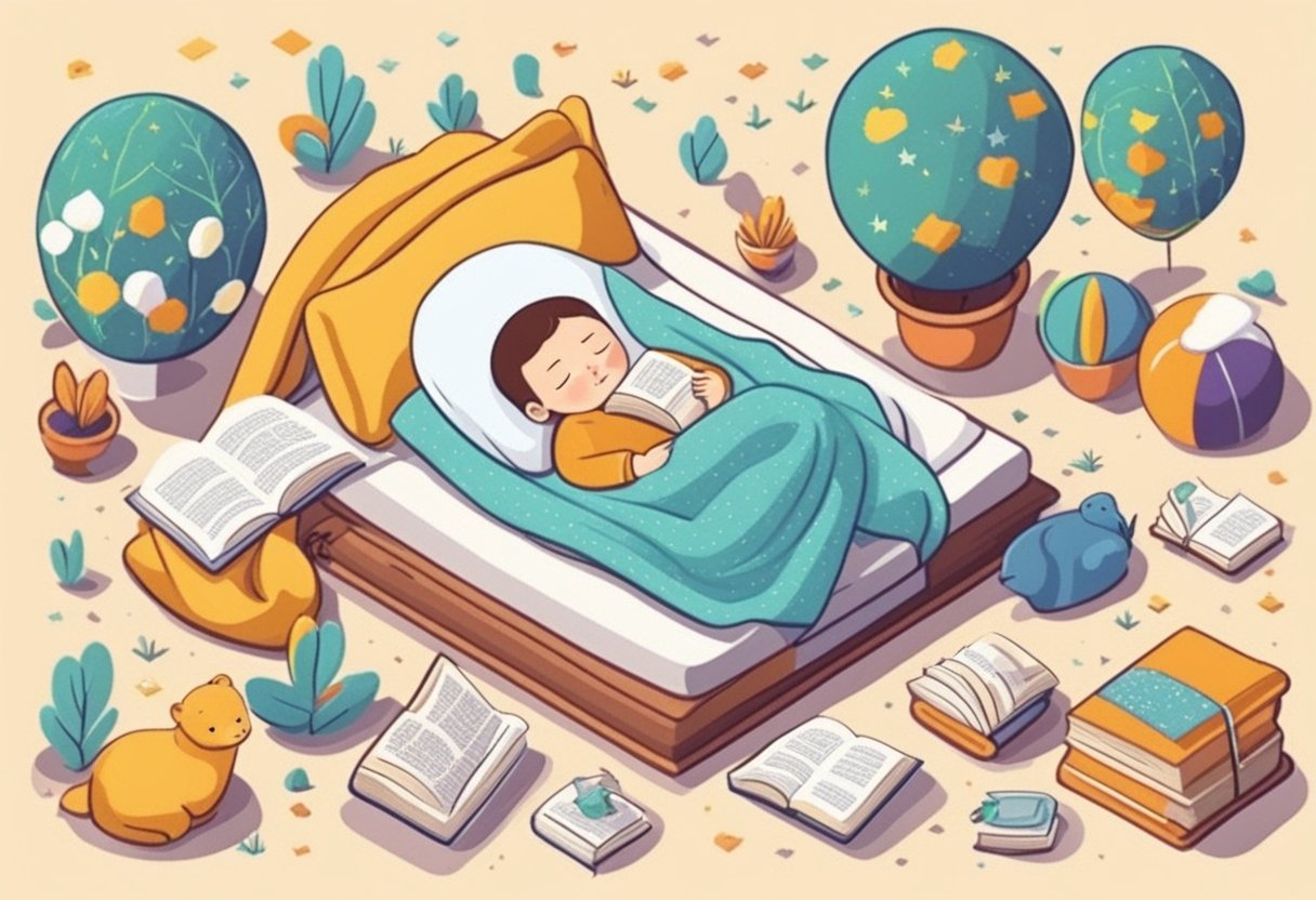 A sleeping newborn nestled in a cozy blanket, surrounded by soft toys and a book of parenting quotes