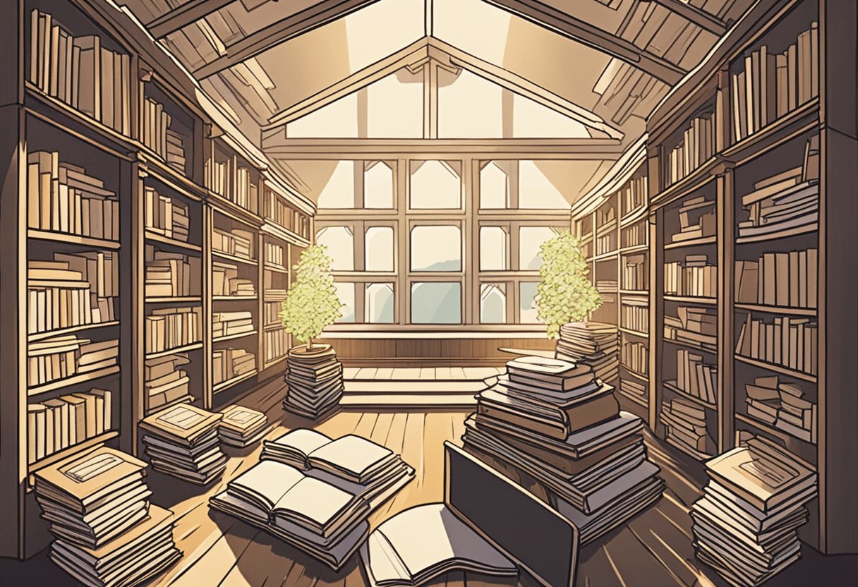 A serene, sunlit room with a stack of open books, each displaying a different spiritual quote. Rays of light illuminate the pages, creating a sense of peace and introspection